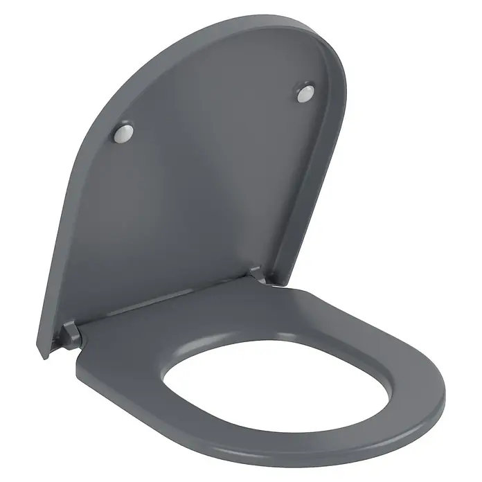 Villeroy & Boch Subway 3.0 WC-Sitz - Duroplast, Graphite, Mit Absenkautomatik - Dunkelgrauer Toilettensitz mit geöffnetem Deckel.
