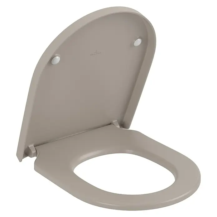 Villeroy & Boch Subway 3.0 WC-Sitz - Duroplast, Almond, Mit Absenkautomatik - Beigefarbener Toilettensitz mit offenem Deckel, Villeroy & Boch Logo sichtbar.