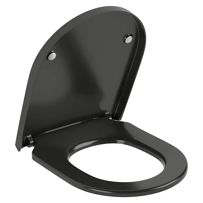 Villeroy & Boch Subway 3.0 WC-Sitz - Duroplast, Pure Black, Mit Absenkautomatik - Schwarzer Toilettensitz und Deckel, geöffnet.