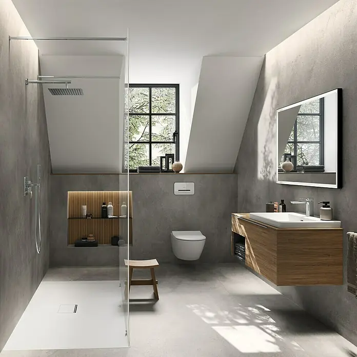 Villeroy & Boch Subway 3.0 Lichtspiegel - 100 x 75 cm, BiColour - Modernes Bad mit Betonwänden, Holzwaschtisch, begehbarer Dusche und wandhängendem WC.