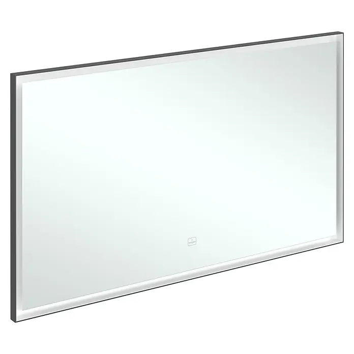Villeroy & Boch Subway 3.0 Lichtspiegel - 130 x 75 cm, BiColour - Rechteckiger Spiegel mit integrierter Beleuchtung, dunkelgrauen Seitenkanten und Villeroy & Boch Logo.