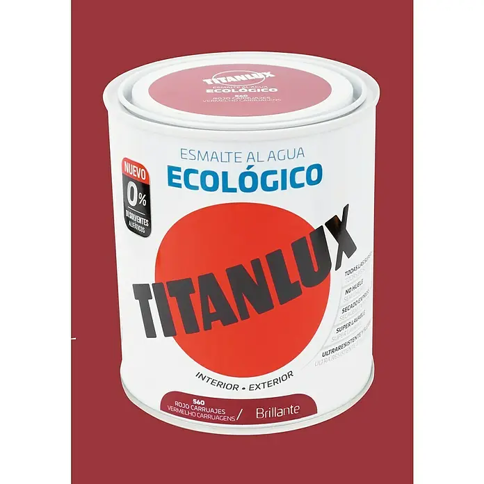 Titanlux Esmalte de color Eco - Rojo carruajes, Reluciente, 750 ml, Base de agua - Una lata de esmalte al agua Titanlux en color "Rojo Carruajes". Ecológico, sin disolventes y apto para interiores y exteriores.