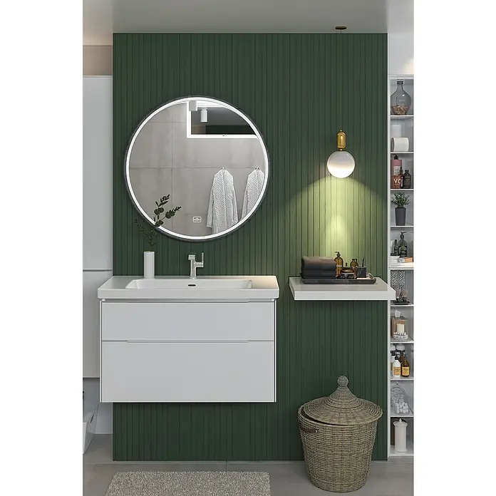 Villeroy & Boch Subway 3.0 Lichtspiegel - Durchmesser: 91 cm, BiColour - Weißer schwebender Badezimmerschrank mit integriertem Waschbecken und zwei Schubladen.
