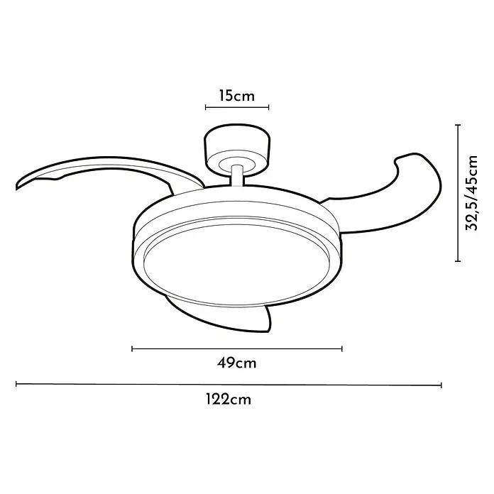 Arte confort Ventilador de techo Verona L - Blanco, 122 cm, 30 W, Blanco cálido - Imagen de un ventilador de techo con iluminación LED y dimensiones, mostrando diseño y funcionalidad.