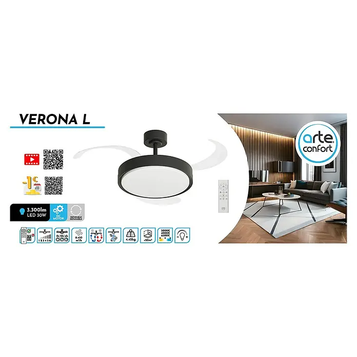 Arte confort Ventilador de techo Verona L - Negro, 122 cm, 30 W, Blanco cálido - Imagen del producto del ventilador de techo Arteconfort VERONA L con iluminación LED, control remoto y detalles técnicos.