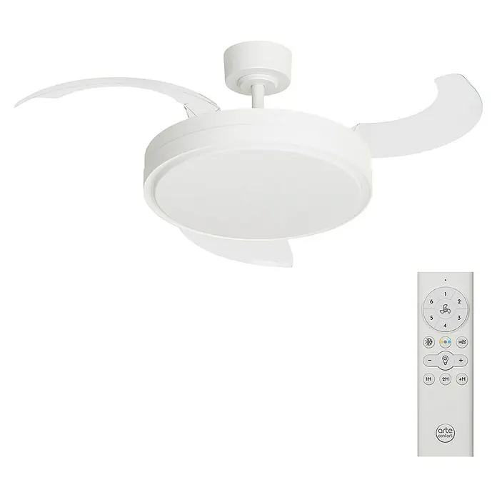 Arte confort Ventilador de techo Verona M - Blanco, 107 cm, 29,8 W, Blanco cálido - Primer plano de un ventilador de techo Arteconfort con luz y mando a distancia, elegante y funcional para espacios modernos.