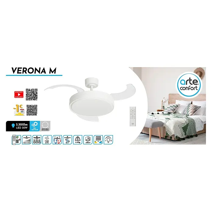 Arte confort Ventilador de techo Verona M - Blanco, 107 cm, 29,8 W, Blanco cálido - La imagen muestra un ventilador de techo blanco moderno llamado VERONA M con iluminación LED y control remoto, ideal para espacios habitables.