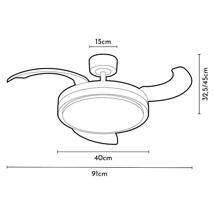 Arte confort Ventilador de techo Verona S - Blanco, 91 cm, 30 W, Blanco cálido - Dibujo técnico de un ventilador de techo con iluminación LED y dimensiones en centímetros para la descripción del producto.