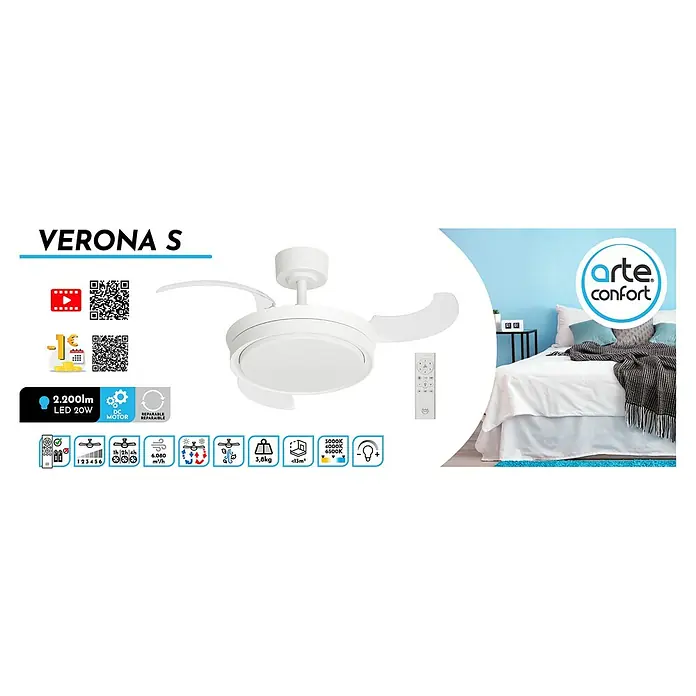 Arte confort Ventilador de techo Verona S - Blanco, 91 cm, 30 W, Blanco cálido - Imagen de un ventilador de techo blanco Arte-Confort Verona S, con iluminación LED, mando a distancia y especificaciones técnicas clave.