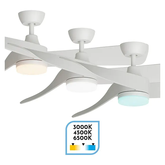 Arte confort Ventilador de techo Zeph - Blanco, 132 cm, 50 W, Blanco cálido, Con luz - Ventilador de techo con iluminación ajustable (3000K, 4500K, 6500K) para ambientes diversos.