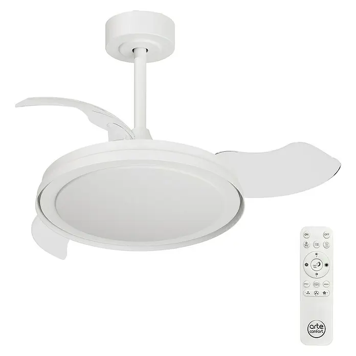 Arte confort Ventilador de techo Cartagena - Blanco, 91 cm, 28 W, Blanco cálido - Ventilador de techo con control remoto. El ventilador blanco presenta un diseño moderno y un control remoto conveniente.