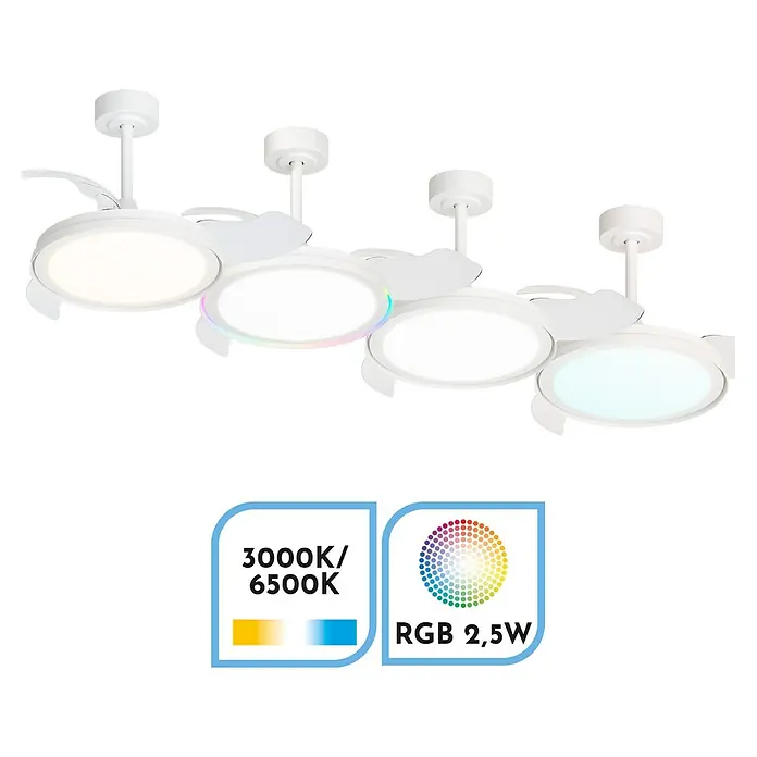 Arte confort Ventilador de techo Cartagena - Blanco, 91 cm, 28 W, Blanco cálido - Imagen de un moderno ventilador de techo blanco con iluminación LED y función de cambio de color para iluminación de la habitación variable.