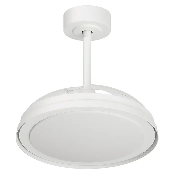 Arte confort Ventilador de techo Cartagena - Blanco, 91 cm, 28 W, Blanco cálido - Una vista cercana de una moderna lámpara de techo blanca, que presenta una pantalla redonda y un diseño de suspensión minimalista.