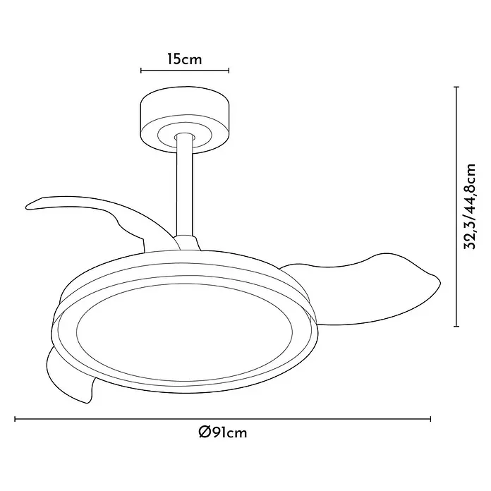 Arte confort Ventilador de techo Cartagena - Blanco, 91 cm, 28 W, Blanco cálido - Ilustración de un ventilador de techo, mide 91 cm de diámetro y 32,3/44,8 cm de altura. El montaje en el techo mide 15 cm de ancho.