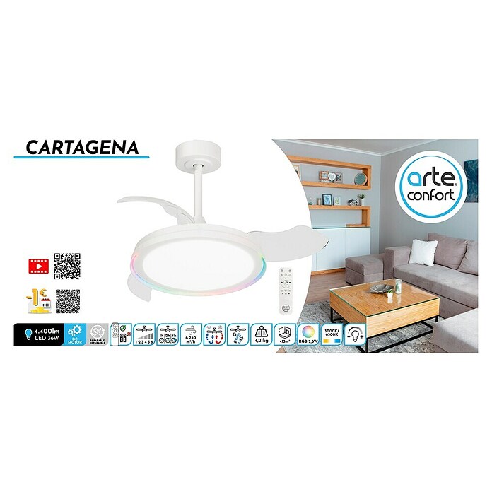 Arte confort Ventilador de techo Cartagena (Blanco, 91 cm, 28 W, Blanco cálido) | BAUHAUS