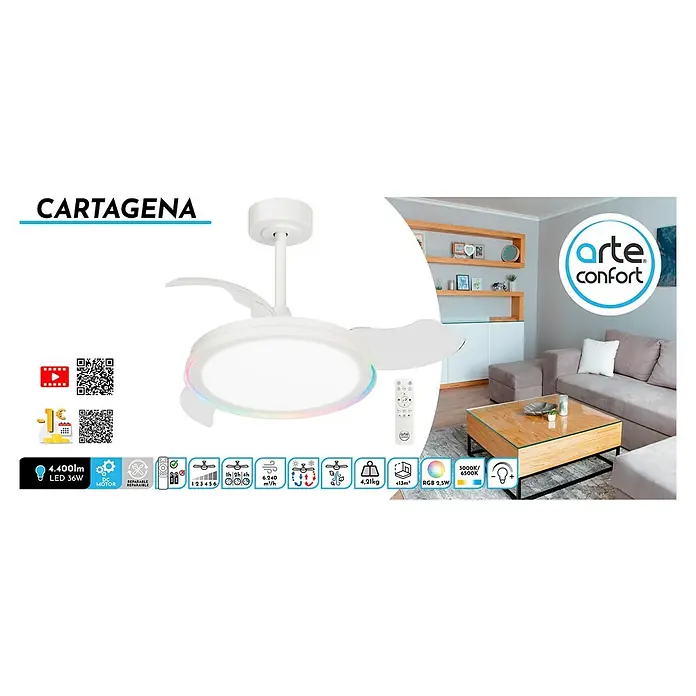 Arte confort Ventilador de techo Cartagena - Blanco, 91 cm, 28 W, Blanco cálido - La lámpara de techo Cartagena con función RGB, mando a distancia y luz LED de ahorro energético crea un ambiente agradable en cualquier habitación.