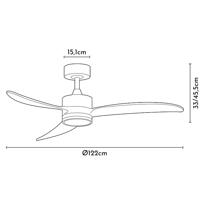 Arte confort Ventilador de techo Echo - Blanco/Madera, 122 cm, 28,2 W, Blanco cálido - Imagen de un ventilador de techo con medidas de 15,1 cm de diámetro de la base, 33/45,5 cm de altura y 122 cm de diámetro.