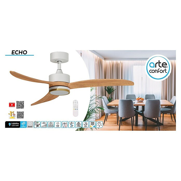 Arte confort Ventilador de techo Echo (Blanco/Madera, 122 cm, 28,2 W, Blanco cálido) | BAUHAUS