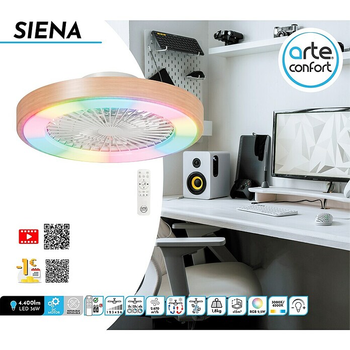 Arte confort Ventilador de techo Siena (Blanco/Madera, 48,9 cm, 36 W, RGB) | BAUHAUS