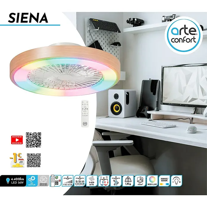 Arte confort Ventilador de techo Siena - Blanco/Madera, 48,9 cm, 36 W, RGB - Ventilador de techo SIENA con aspecto de madera e iluminación RGB, ideal para habitaciones pequeñas. Incluye mando a distancia.