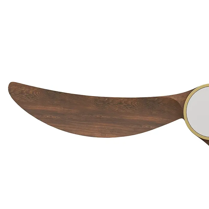 Arte confort Ventilador de techo Echo - Negro/Madera, 122 cm, 28,2 W, Blanco cálido - Primer plano de una pala de ventilador de techo de madera oscura con un detalle central redondo con borde dorado.
