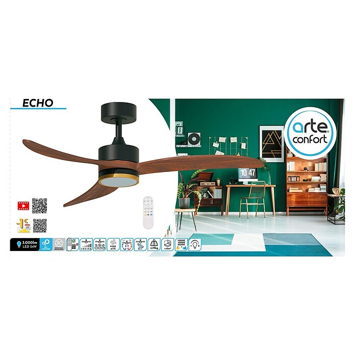 Arte confort Ventilador de techo Echo (Negro/Madera, 122 cm, 28,2 W, Blanco cálido) | BAUHAUS