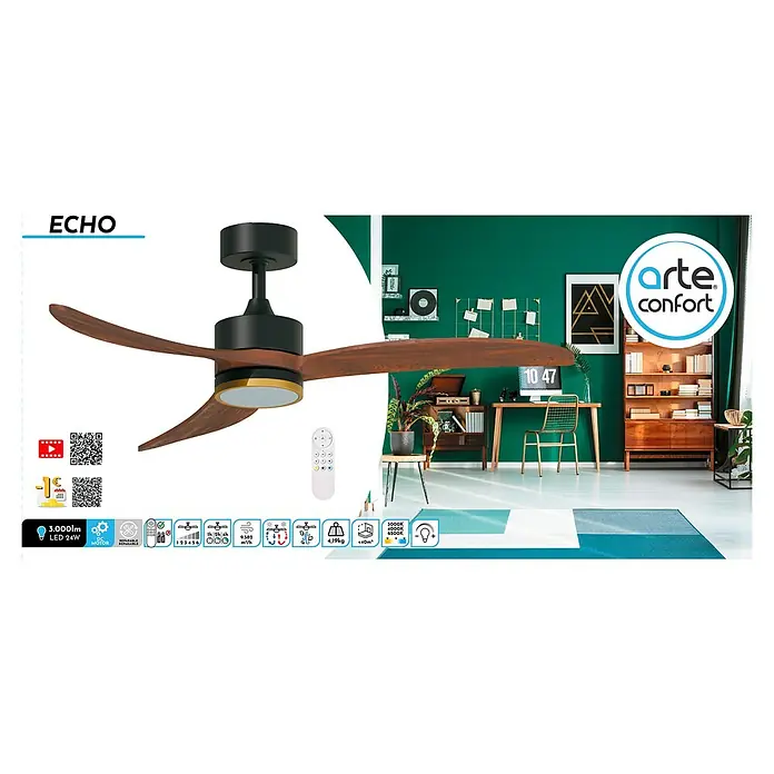 Arte confort Ventilador de techo Echo - Negro/Madera, 122 cm, 28,2 W, Blanco cálido - Un moderno ventilador de techo con aspas de madera e iluminación LED. El control remoto permite controlar fácilmente la luz y la velocidad del ventilador.