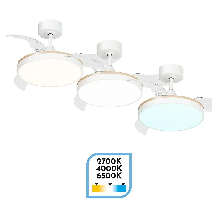 Arte confort Ventilador de techo Ginebra - Blanco, 91 cm, 28 W, Blanco cálido - Ventilador de techo con iluminación LED que ofrece temperaturas de color ajustables para un ambiente confortable.