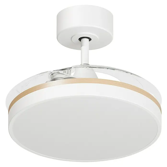Arte confort Ventilador de techo Ginebra - Blanco, 91 cm, 28 W, Blanco cálido - Primer plano de un ventilador de techo moderno con iluminación LED, carcasa blanca y detalles de madera.