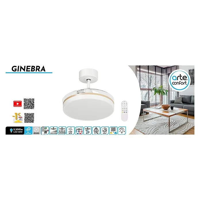 Arte confort Ventilador de techo Ginebra - Blanco, 91 cm, 28 W, Blanco cálido - Imagen de producto de una lámpara de techo moderna GINEBRA con mando a distancia, perfecta para interiores elegantes y buena iluminación.