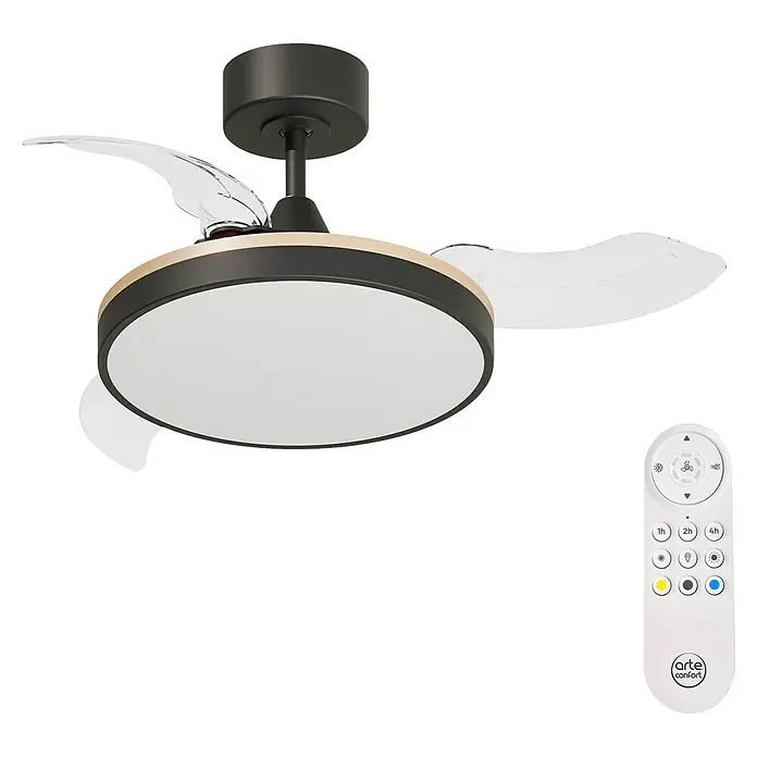 Arte confort Ventilador de techo Ginebra - Negro, 91 cm, 28 W, Blanco cálido - Ventilador de techo con lámpara y control remoto. El ventilador moderno proporciona una circulación de aire e iluminación agradables.