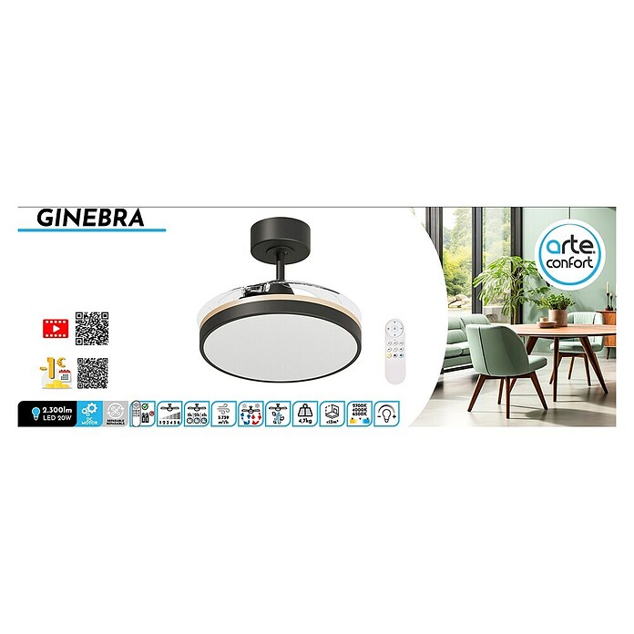 Arte confort Ventilador de techo Ginebra (Negro, 31 cm, 28 W, Blanco cálido) | BAUHAUS
