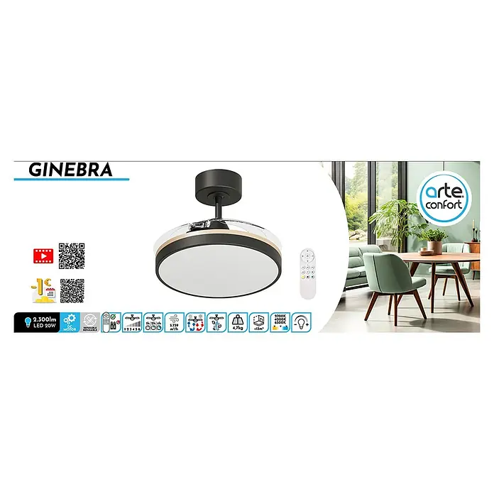 Arte confort Ventilador de techo Ginebra - Negro, 91 cm, 28 W, Blanco cálido - Esta imagen muestra un moderno ventilador de techo Ginebra con iluminación LED y mando a distancia, ideal para un hogar elegante.
