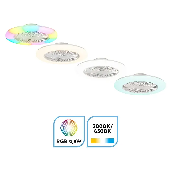 Arte confort Ventilador de techo Laos - Blanco, 57,7 cm, 22 W, Blanco cálido - Ventilador de techo LED multicolor con cambio de color RGB y temperatura de color ajustable entre 3000K y 6500K para iluminación versátil.