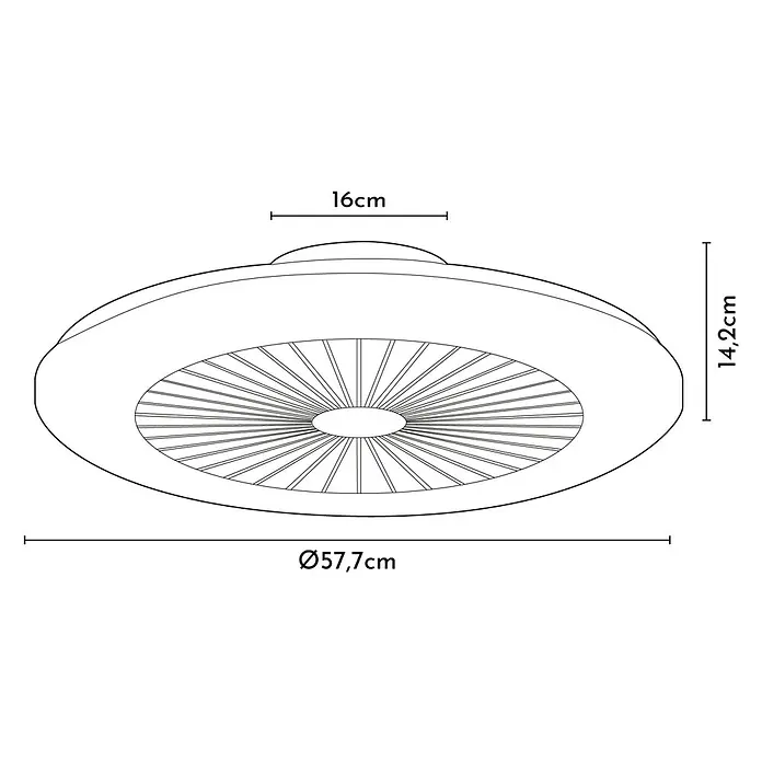 Arte confort Ventilador de techo Laos - Blanco, 57,7 cm, 22 W, Blanco cálido - Ilustración de una lámpara de techo, mostrando su diseño redondo y detalles intrincados con indicaciones de dimensiones.