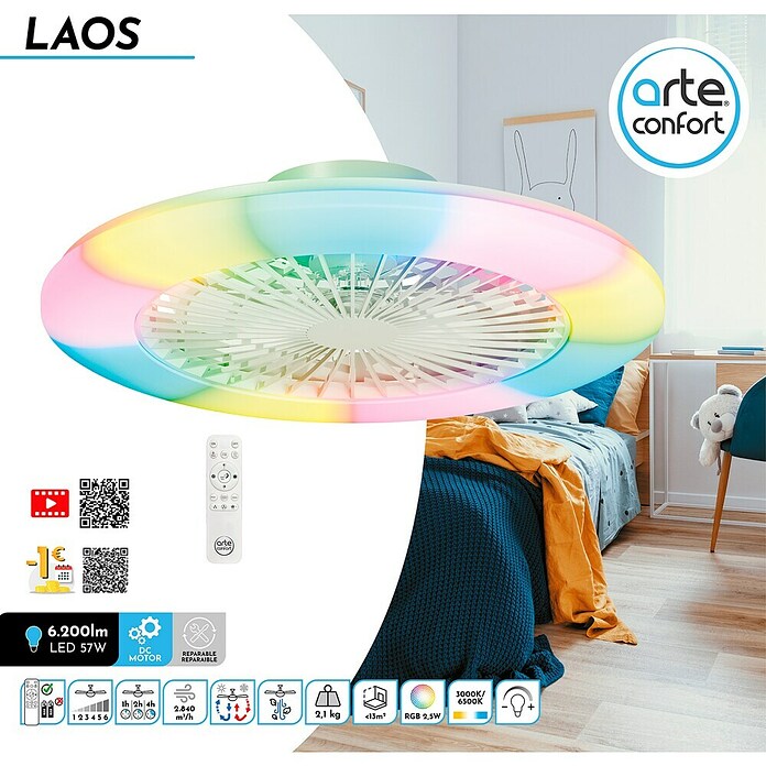 Arte confort Ventilador de techo Laos (Blanco, 22 W, Blanco cálido, 57,7 cm) | BAUHAUS