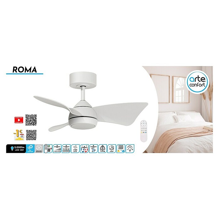 Arte confort Ventilador de techo Roma (Blanco, 76 cm, 16 W, Blanco cálido) | BAUHAUS