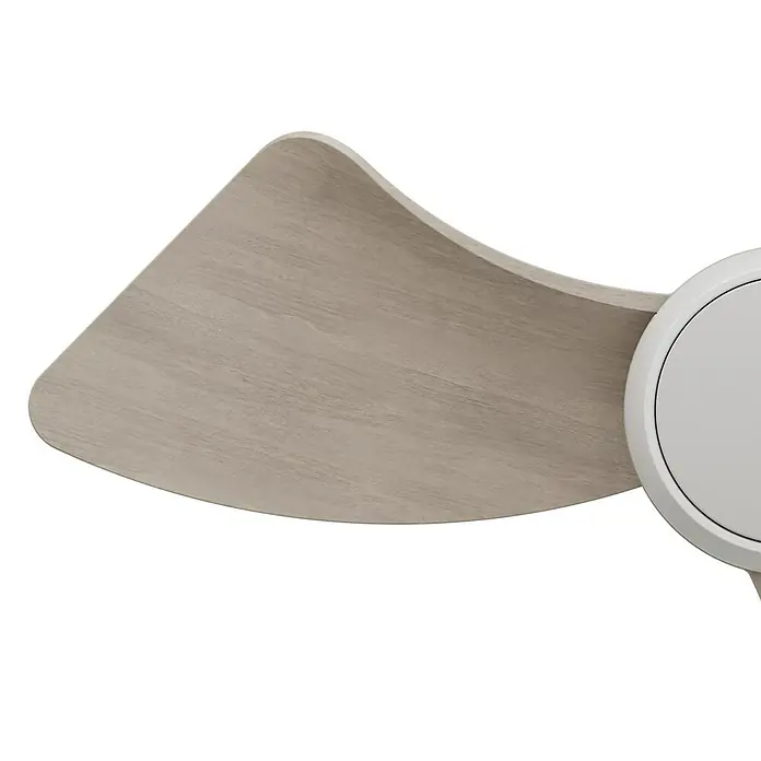 Arte confort Ventilador de techo Roma - Blanco/Madera, 76 cm, 16 W, Blanco cálido - Primer plano de una pala de ventilador de techo con textura de madera y soporte blanco.
