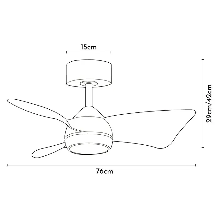 Arte confort Ventilador de techo Roma - Blanco/Madera, 76 cm, 16 W, Blanco cálido - Esquema de un ventilador de techo, incluyendo medidas de diámetro y altura.