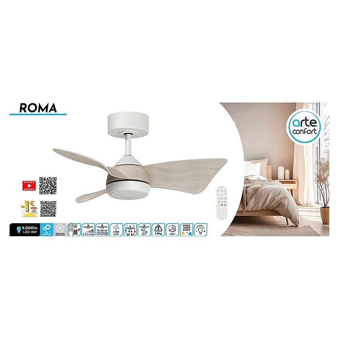 Arte confort Ventilador de techo Roma (Blanco/Madera, 76 cm, 16 W, Blanco cálido) | BAUHAUS
