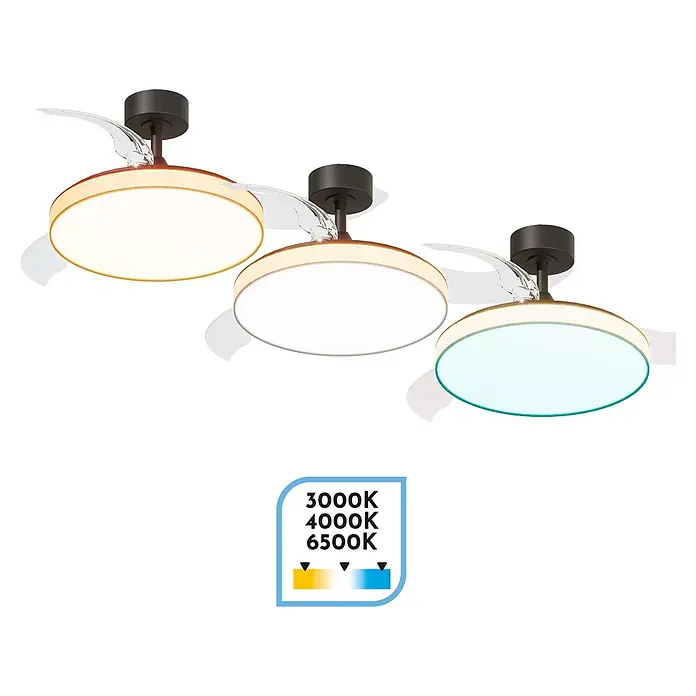 Arte confort Ventilador de techo Tunez - Negro, 105,5 cm, 30 W, Blanco cálido - Imagen de un ventilador de techo con iluminación integrada, mostrado en diferentes temperaturas de color.