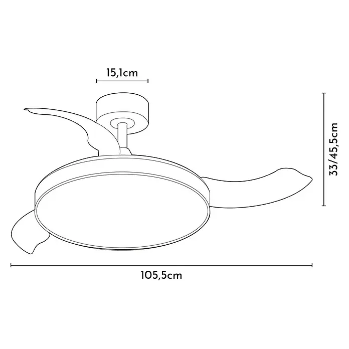 Arte confort Ventilador de techo Tunez - Negro, 105,5 cm, 30 W, Blanco cálido - Ilustración de un ventilador de techo con luz y tres aspas, incluyendo las dimensiones 15,1cm, 33/45,5cm y 105,5cm.