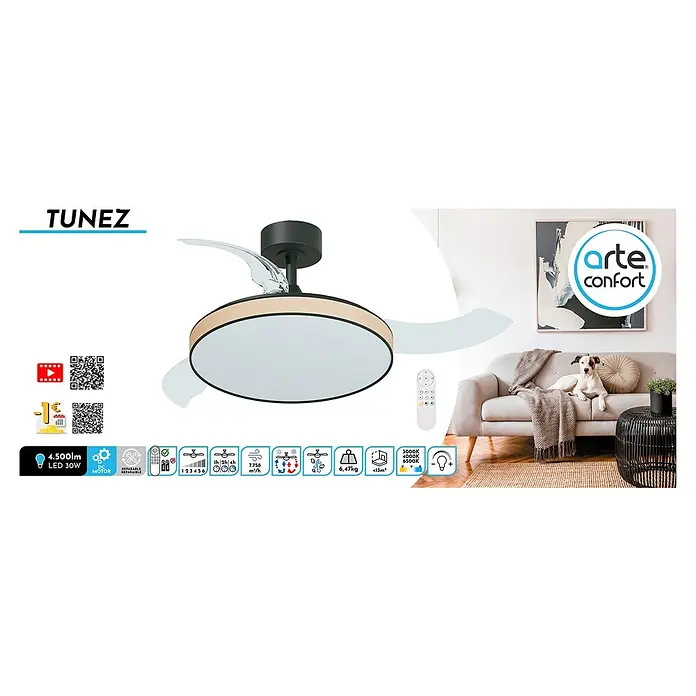 Arte confort Ventilador de techo Tunez - Negro, 105,5 cm, 30 W, Blanco cálido - Ventilador de techo con lámpara integrada y mando a distancia. El diseño moderno encaja perfectamente en cualquier habitación y garantiza una refrigeración agradable.