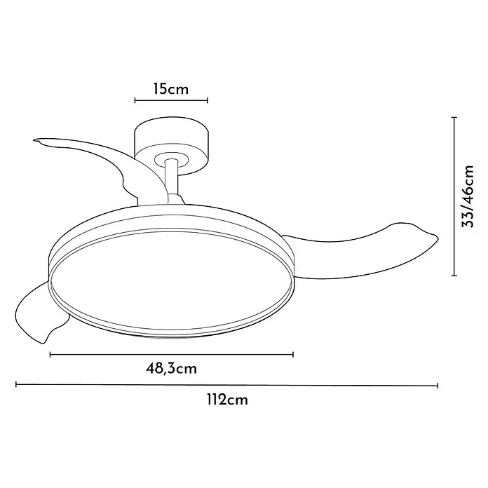 Arte confort Ventilador de techo Varadero - Blanco/Madera, 112 cm, 50 W, Blanco cálido - Dibujo esquemático de un ventilador de techo con iluminación y dimensiones: 15 cm (toldo), 33/46 cm (altura), 48,3 cm (luz) y 112 cm (total).