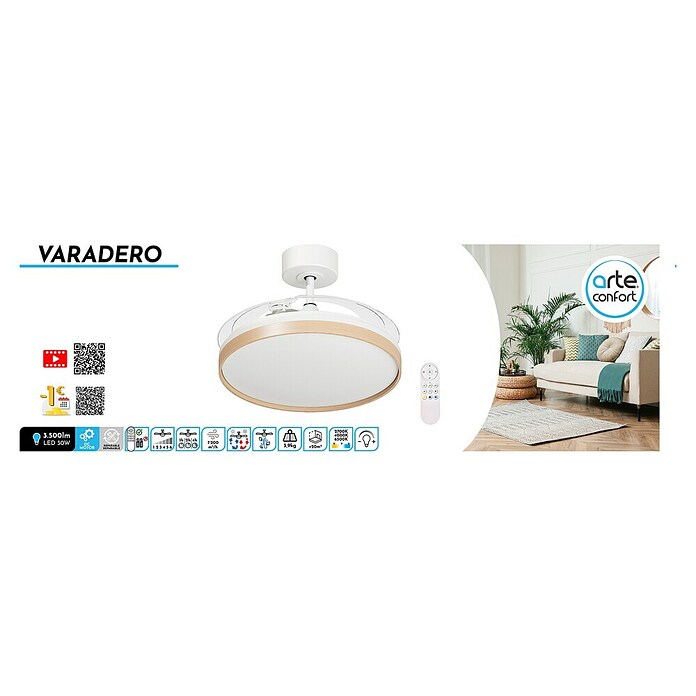 Arte confort Ventilador de techo Varadero (Blanco/Madera, 112 cm, 50 W, Blanco cálido) | BAUHAUS