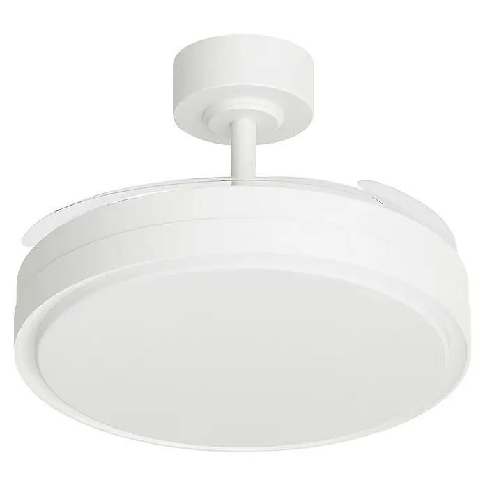 Arte confort Ventilador de techo Verona L - Blanco, 122 cm, 30 W, Blanco cálido - Primer plano de un moderno ventilador de techo redondo blanco con iluminación integrada, ideal para interiores elegantes.