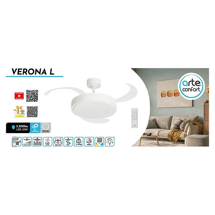 Arte confort Ventilador de techo Verona L - Blanco, 122 cm, 30 W, Blanco cálido - Imagen de un moderno ventilador de techo blanco Verona L con iluminación LED, ideal para habitaciones de hasta 20m². Incluye mando a distancia.