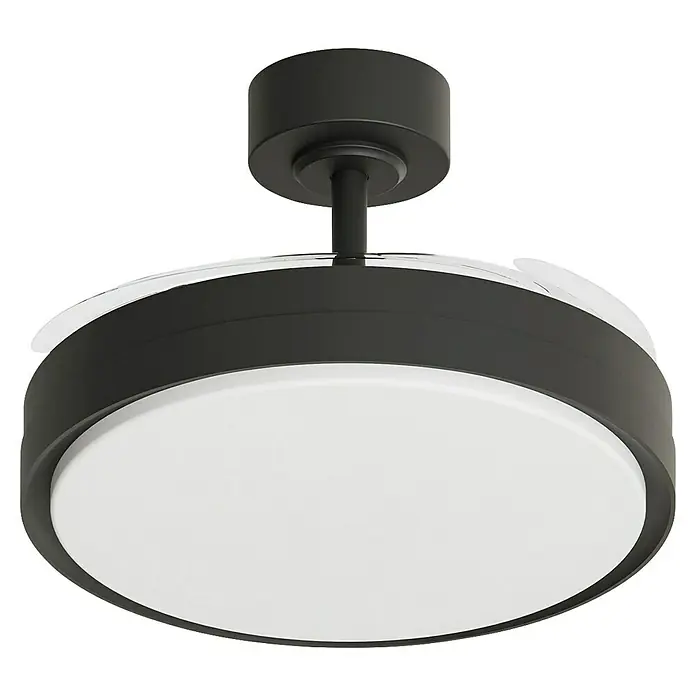 Arte confort Ventilador de techo Verona L - Negro, 122 cm, 30 W, Blanco cálido - Primer plano de una lámpara de techo negra moderna con un difusor redondo blanco, mostrando su diseño elegante y minimalista.