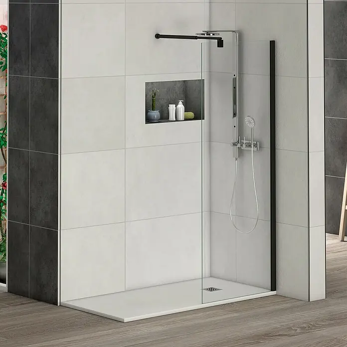 Mampara de ducha fija Nice - An x Al: 100 x 195 cm, Negro - Cabina de ducha moderna con vidrio transparente, detalles en negro y ducha de lluvia. El diseño elegante encaja perfectamente en cualquier baño.