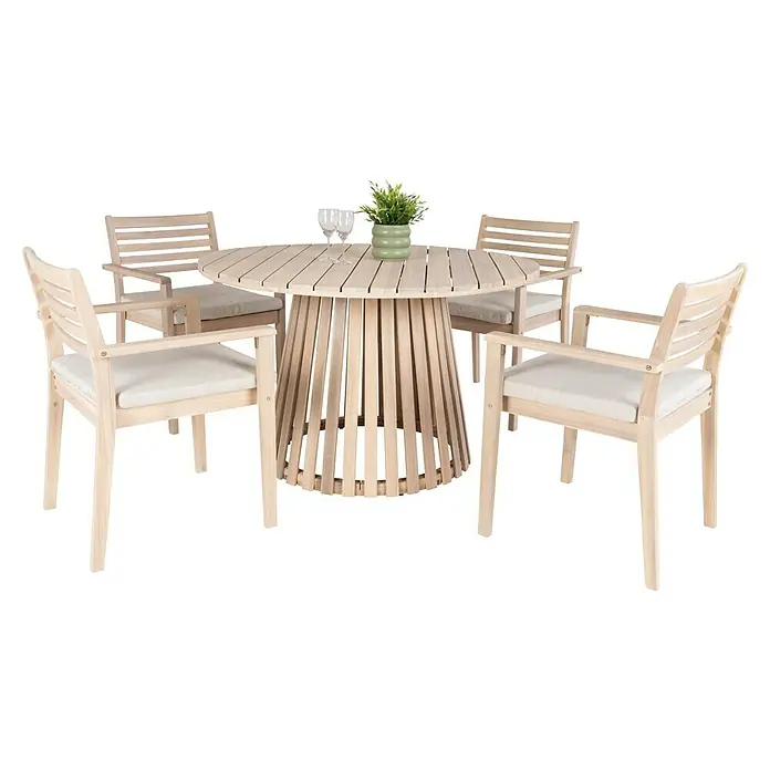 Sunfun Mesa de jardín Nour - Ø x Al: 120 x 74 cm, Madera de acacia, Natural - Elegante conjunto de jardín con mesa redonda de madera y cuatro sillas con cómodos cojines de asiento, ideal para relajarse al aire libre.